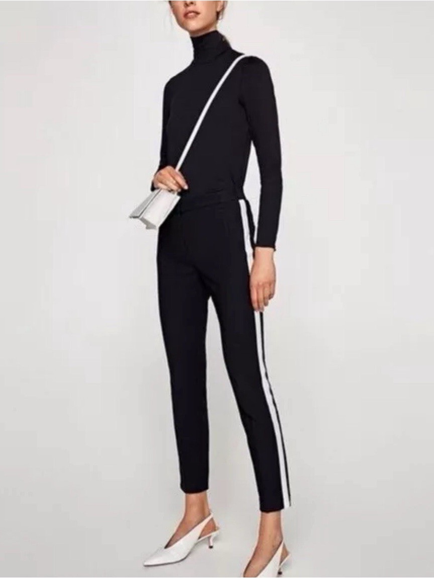 Zara Black High Waist Side Stripe Leggings Pants M | White Stripe | Stretch